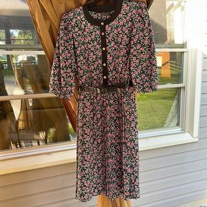 Vintage Breli Originals Floral Dress | Gold Accent Button | Black Waist Belt